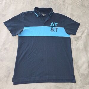 AT&T Mens Navy Blue Color Block Short Sleeve Logo Polo Shirt Size M